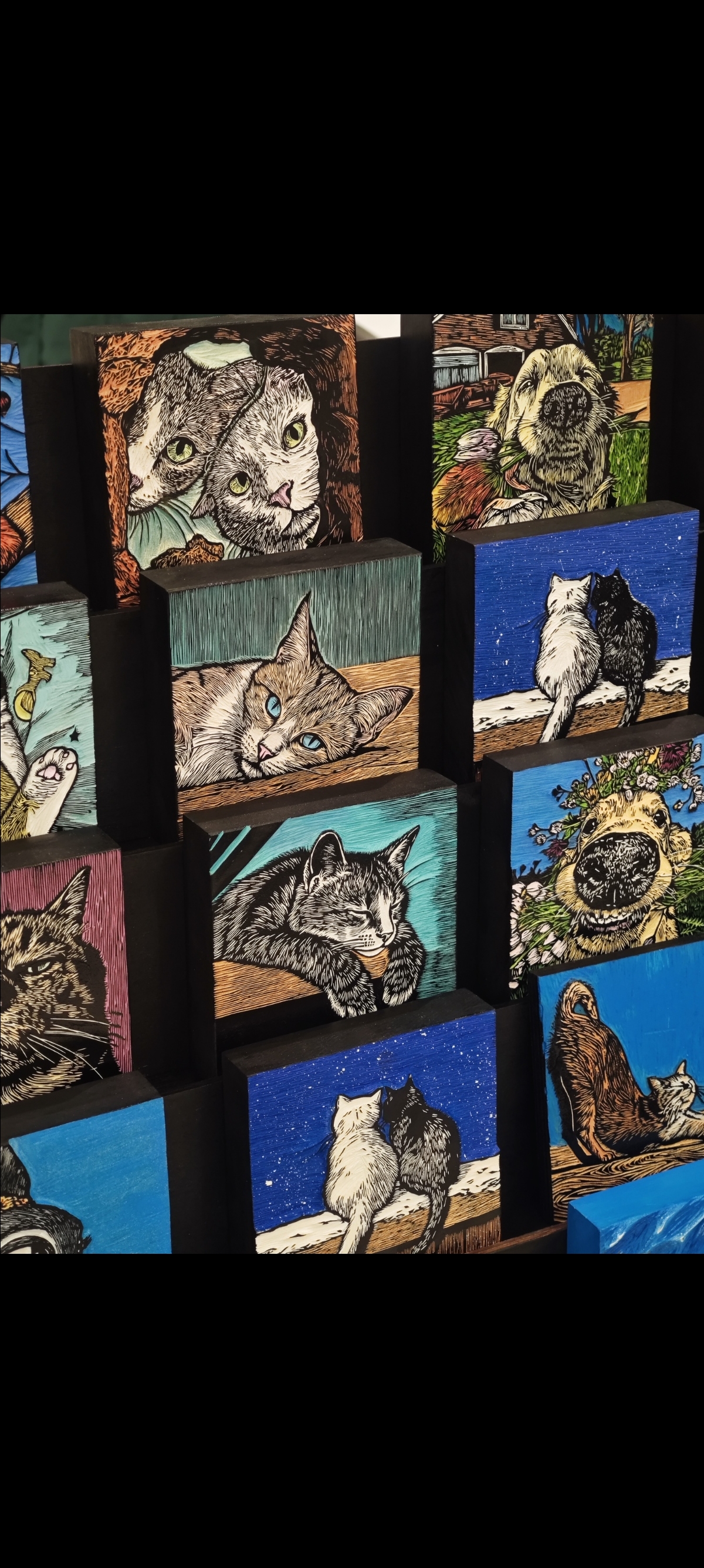 彩色宠物木版画